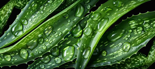 Detailed view of fresh aloe vera leaves with dew drops, showcasing vibrant green color and moisture