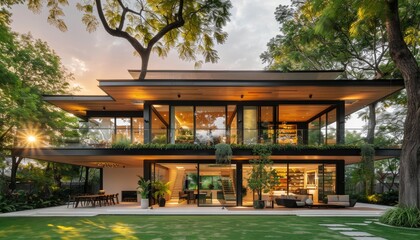 Contemporary residence secured with covertly placed camera on underside of wooden roof