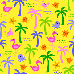 Fototapeta na wymiar Cute hand drawn palm tree, flamingo, marine life, sun and wave seamless pattern design for summer holidays background.