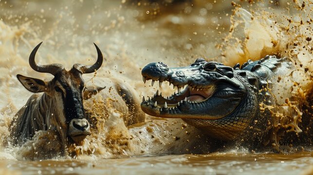 A crocodile suddenly emerging from a river to snatch a drinking wildebeest