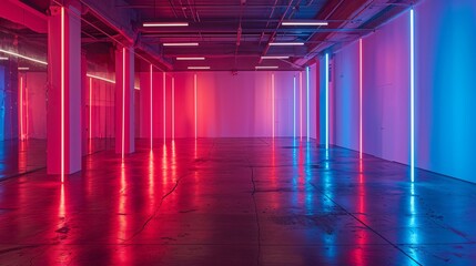 3D Contemporary Space with Pink and Blue Neon Columns