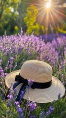 A straw hat with a black ribbon is placed in a lavender field, with a blurred background of purple flowers and green leaves under sunset. - 795060527
