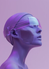 3d render female face with futuristic glasses in neon purple color palette metaverse concept