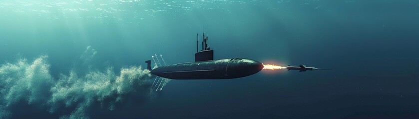 Submarine launching a torpedo underwater - obrazy, fototapety, plakaty