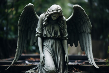Fototapeta premium Sad bury ceremony at old cemetery church funeral farewell rest in peace Generative AI picture