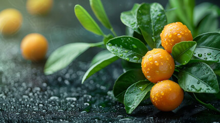 Fresh Kumquat on dark background. Cumquat. Exotic fruit. Copy space.