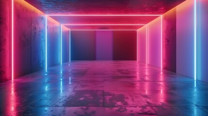 3D Futuristic Hallway with Pink and Blue Neon Lights