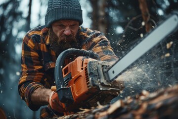 Lumberjack sawing a tree with a chainsaw in the forest