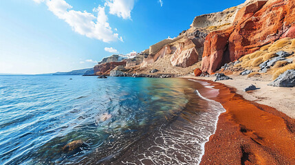 Red beach with volcanic cliffs on Santorini island 