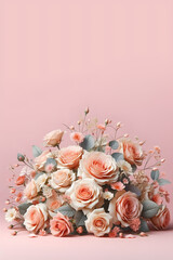 Various flowers arranged behind on a clean pastel pink background, Mother's Day and romantic celebration design concept