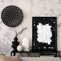 Sophisticated composition of modern living room with black shelf, decoration, vase, black ladder and elegant personal accessories. Minimalist home decor. Template. Mock up poster frame.