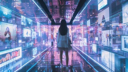 A woman stands in a room with many screens on the walls