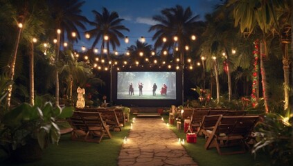 outdoor cinema film in a tropical garden with Christmas lights. H

