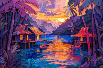 Fijis lush landscapes and traditional bure huts reimagined as a vibrant paper cut art piece Oceanias paradise captured