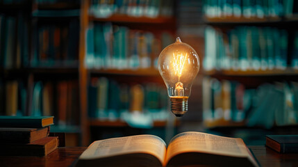 Glowing light bulb over the desk with open book at library. Concept for  power of knowledge, power...
