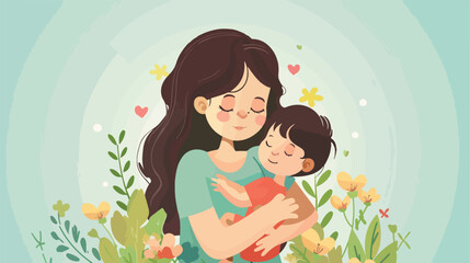 Vector cartoon illustration of mother gently hug her