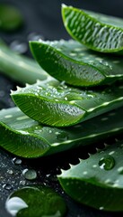 Fototapeta premium Close up of vibrant green aloe vera leaves with glistening water droplets fresh and captivating