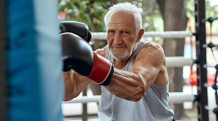 Senior man working out with punching bag at boxing hall. Sport training concept. - Powered by Adobe