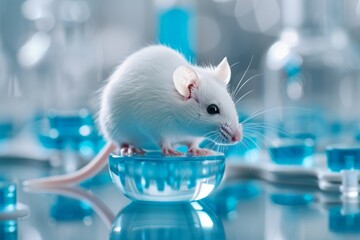 White laboratory mouse against the background of test tubes