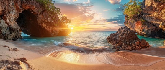 Sunset at a secluded beach with rocky cliffs - obrazy, fototapety, plakaty