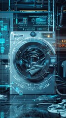 Futuristic washing machine with holographic interface