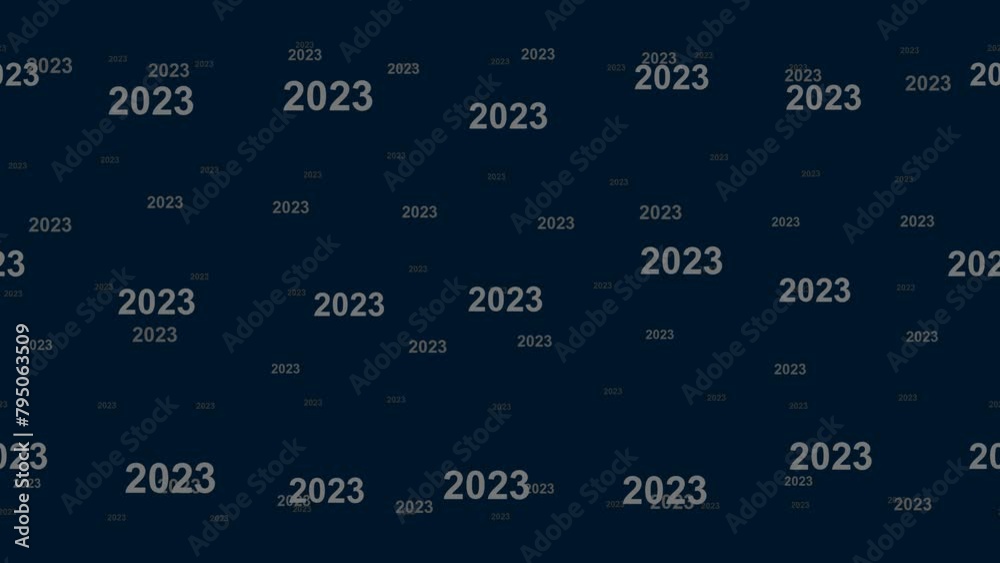 Poster 2023 year symbols float horizontally from left to right. parallax fly effect. floating symbols are l
