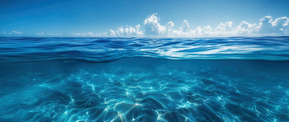 Clear blue ocean water with sunlight reflections. Horizon line where calm sea meets sky with fluffy clouds