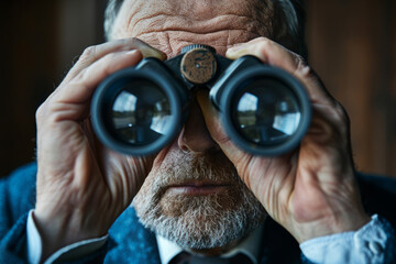 Businessman looking through binoculars, product market research concept
