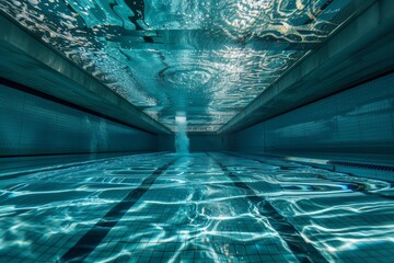 Silhouette of a person standing in an underwater pool with light reflections - obrazy, fototapety, plakaty