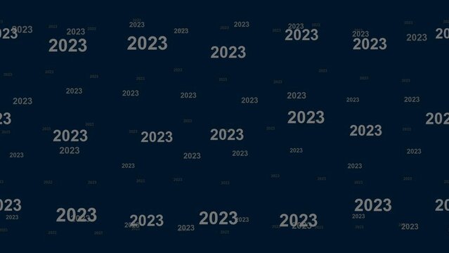 2023 year symbols float horizontally from left to right. Parallax fly effect. Floating symbols are located randomly. Seamless looped 4k animation on dark blue background