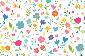 Colorful spring flowers and hearts seamless pattern in the style of a flat design on a white background, this vector illustration features pastel colors in a cute style with colorful flowers and gree