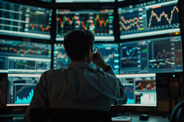 financial expert examining stock market trends and indicators Highlight the array of financial charts and data on computer screens, reflecting the complexity 