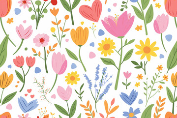 Colorful spring flowers and hearts seamless pattern in the style of a flat design on a white background, this vector illustration features pastel colors in a cute style with colorful flowers and gree