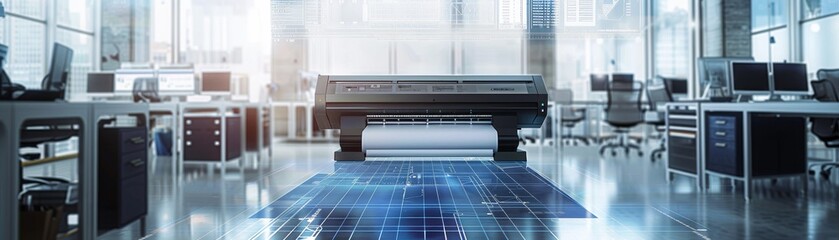 Futuristic industrial printer in a high-tech manufacturing facility