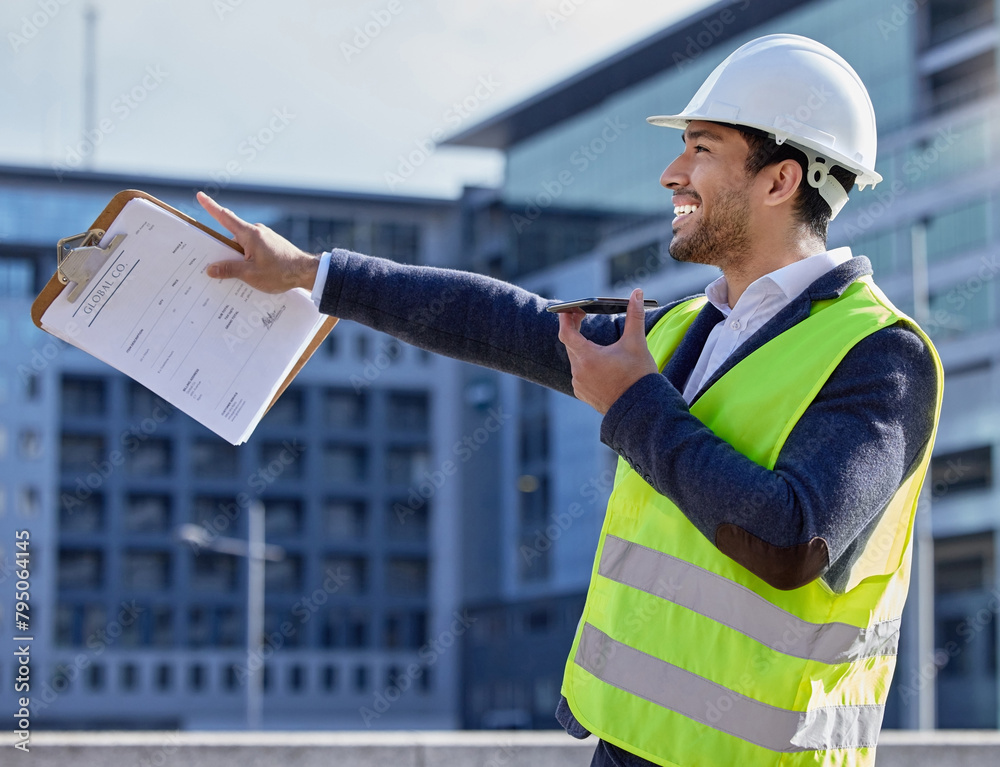 Poster engineer, man and clipboard and pointing in construction site with phone call, smile and confident. 