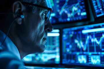 financial expert examining stock market trends and indicators Highlight the array of financial charts and data on computer screens, reflecting the complexity  - obrazy, fototapety, plakaty