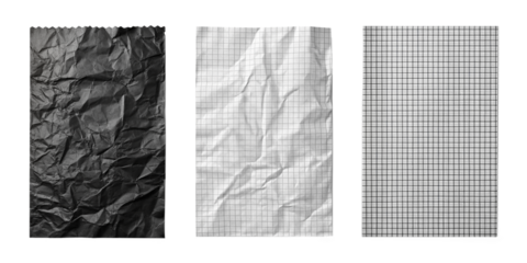 Crumpled paper set. Three variations of crumpled paper textures: black, white with grid lines, and checkered, suitable for background effects or creative designs.