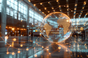 Financial globe in a modern interior, glowing connections between markets, illustrating global business networks