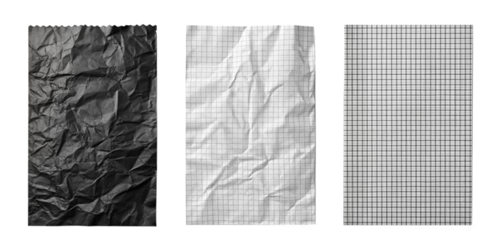 Crumpled paper set. Three variations of crumpled paper textures: black, white with grid lines, and checkered, suitable for background effects or creative designs.