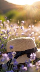 A straw hat with a black ribbon is placed in a lavender field, with a blurred background of purple flowers and green leaves under sunset. - 795064559