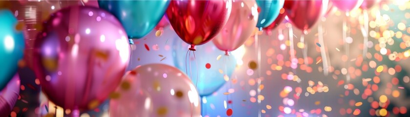 Colorful balloons with confetti in a festive setting - obrazy, fototapety, plakaty