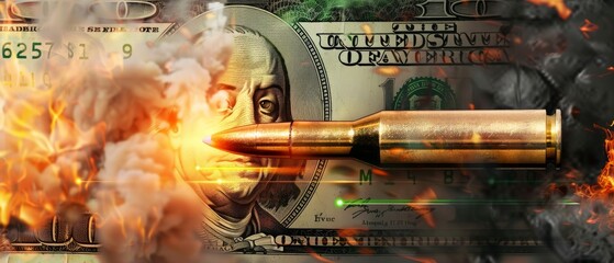 Bullet piercing through a hundred dollar bill in flames