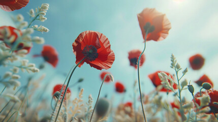 Red poppy flowers against the sky. Shallow depth - obrazy, fototapety, plakaty