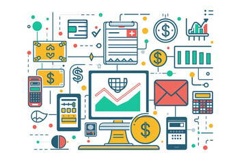 Fintech Innovation, Vector Icons of Money and Tech Devices for Digital Financial Services