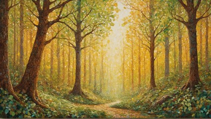Painting of a tranquil path through an autumn forest. Representation of peace and natural beauty.