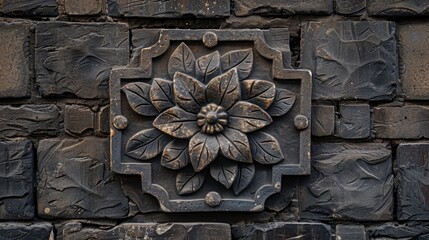 Carved stone flower design on dark brick wall