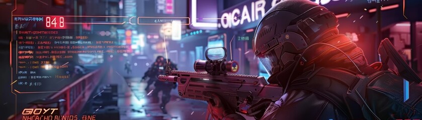Futuristic soldier in cyberpunk cityscape