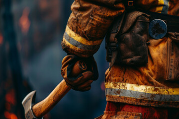 Firefighter with axe in hand closeup - obrazy, fototapety, plakaty