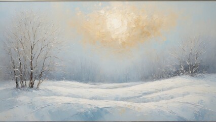 Peaceful landscape painting of a winter scene with soft tones. Solitude and tranquility in art.