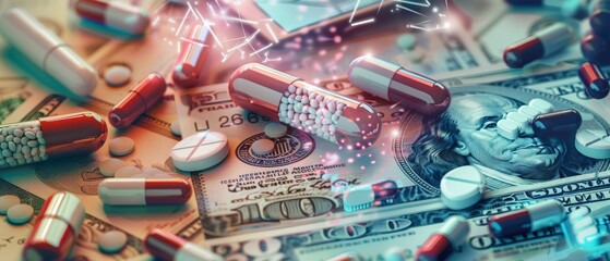 Pharmaceutical drugs and capsules on a background of American dollars with health graphics overlay - obrazy, fototapety, plakaty